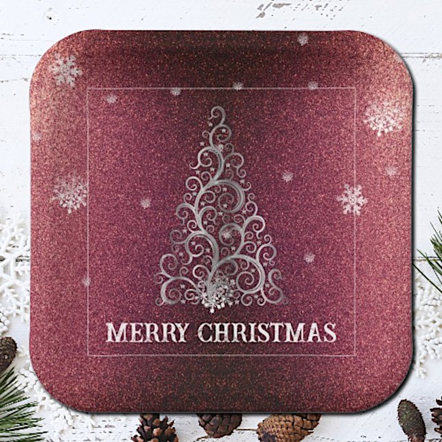 Christmas Tree Glitter and Snowflakes | Red Paper Plate (Red Christmas Tree Glitter and Snowflakes Paper Plates)