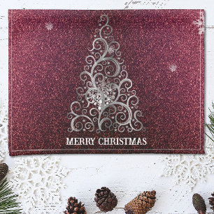 Christmas Tree Glitter and Snowflakes   Red Tea Towel