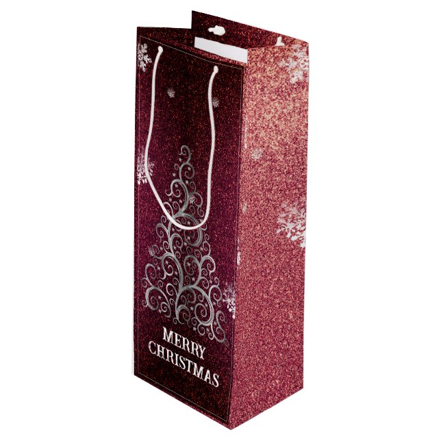 Christmas Tree Glitter and Snowflakes | Red Wine Gift Bag (Front Angled)