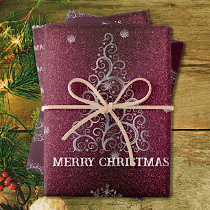 Christmas Tree Glitter and Snowflakes   Red Wrapping Paper Sheet