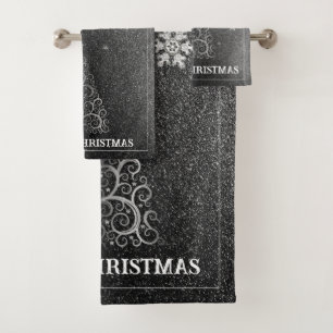 Christmas Tree Glitter and Snowflakes   Silver Bath Towel Set