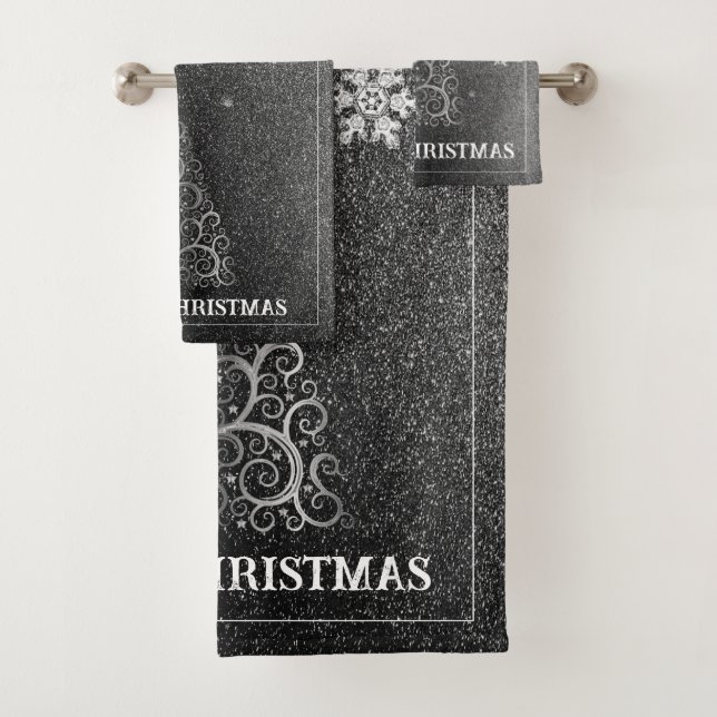 Christmas Tree Glitter and Snowflakes | Silver Bath Towel Set (Insitu)