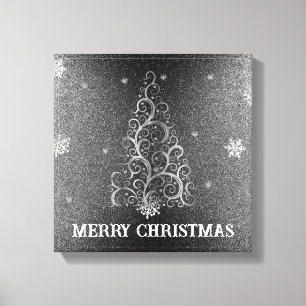 Christmas Tree Glitter and Snowflakes Silver Canvas Print