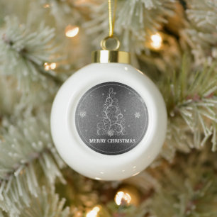 Christmas Tree Glitter and Snowflakes Silver Ceramic Ball Christmas Ornament