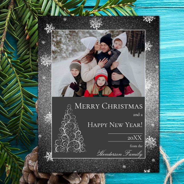 Christmas Tree Glitter and Snowflakes | Silver Holiday Card (Christmas Tree Glitter and Snowflakes Holiday Photo Card - Silver)
