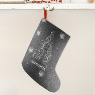 Christmas Tree Glitter and Snowflakes Silver Large Christmas Stocking