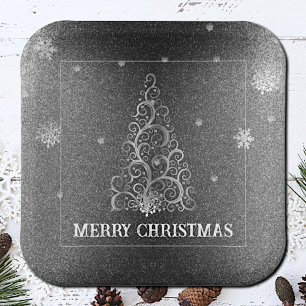 Christmas Tree Glitter and Snowflakes   Silver Paper Plate