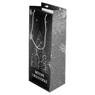 Christmas Tree Glitter and Snowflakes   Silver Wine Gift Bag