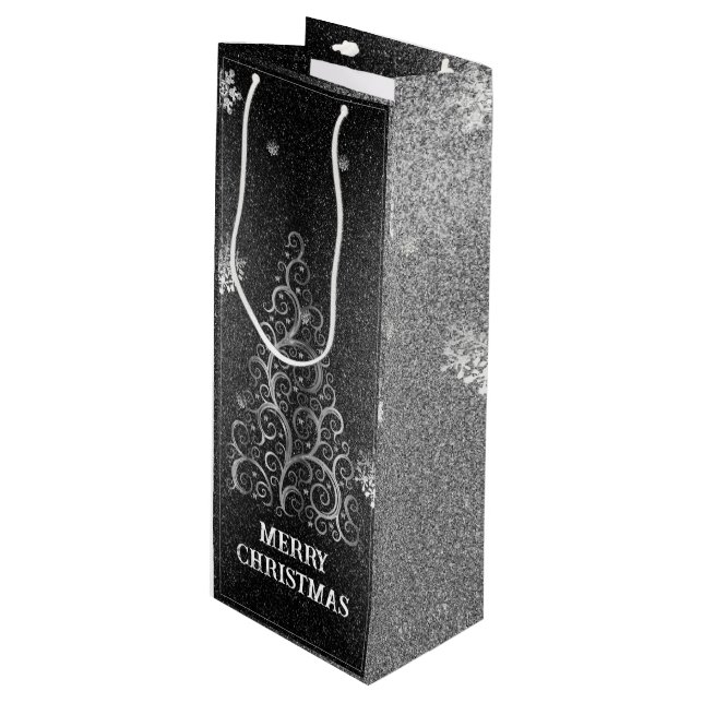 Christmas Tree Glitter and Snowflakes | Silver Wine Gift Bag (Front Angled)