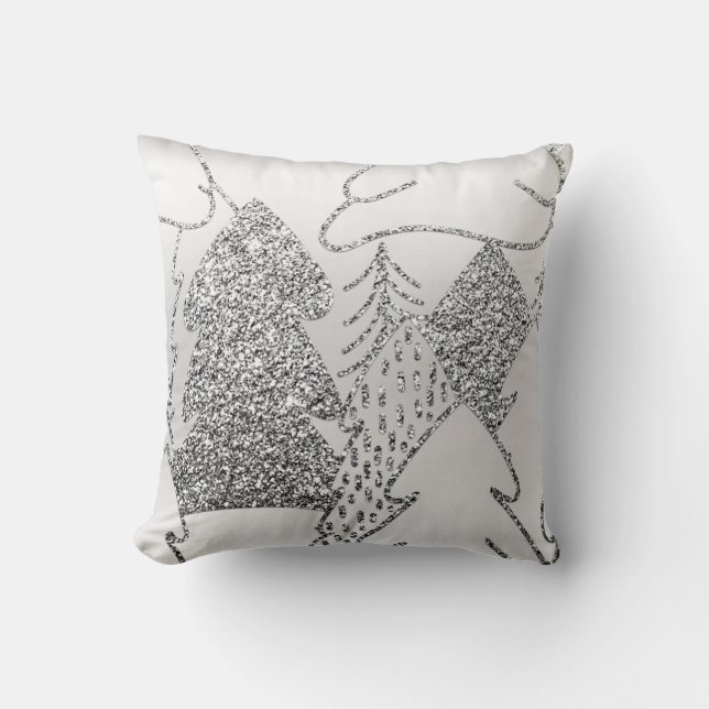 Christmas Tree Glitter Gray Metallic Silver Wood Cushion (Front)
