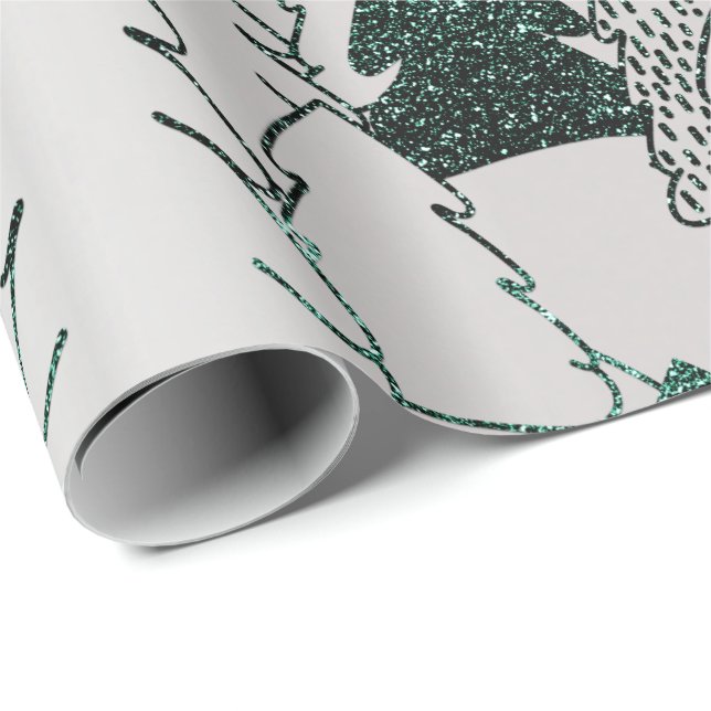 Christmas Tree Glitter Green Silver Grey Metal Wrapping Paper (Roll Corner)