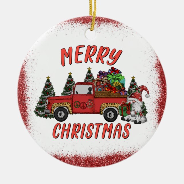 Christmas Tree Gnome Truck Faux Glitter Ceramic Tree Decoration (Front)