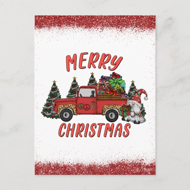 Christmas Tree Gnome Truck Faux Glitter Postcard (Front)