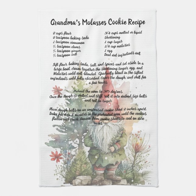 Christmas Tree Gnome Watercolor Recipe keepsake  Tea Towel (Vertical)
