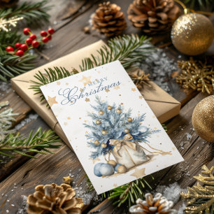 Christmas Tree Gold Blue Calligraphy Watercolor  Holiday Card