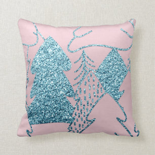 Christmas Tree Gold Blue Glitter Prism Pink Ocean Cushion