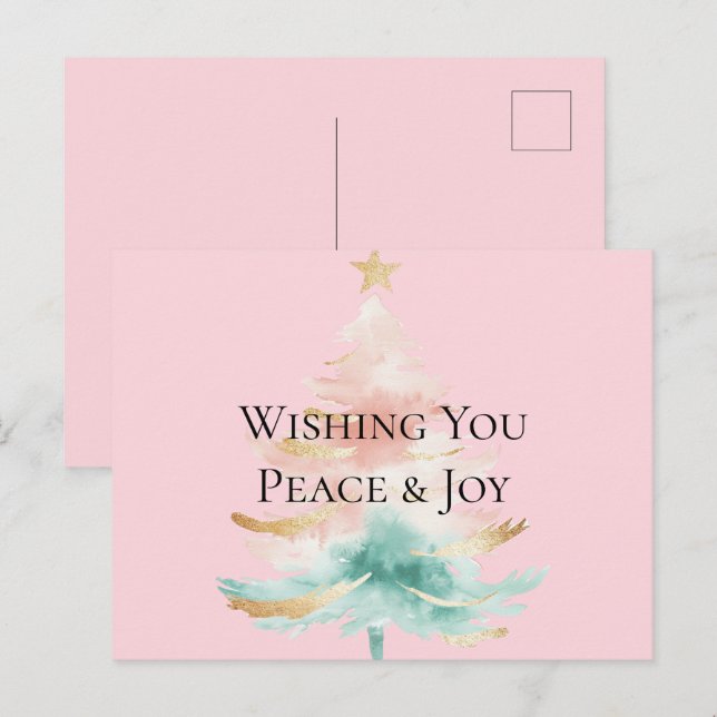 Christmas Tree Gold Blush Pink Mint Peace Joy Postcard (Front/Back)