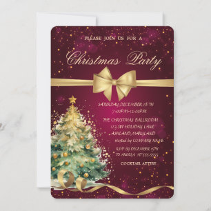 Christmas Tree Gold Bow Christmas Party Invitation