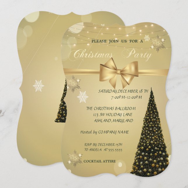 Christmas Tree,Gold Bow,Company Christmas Party Invitation (Front/Back)