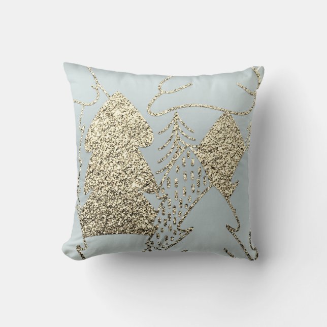 Christmas Tree Gold Champagne Glitter Gray Blue Cushion (Front)