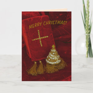 Christmas tree gold cross Merry Christmas text Thank You Card