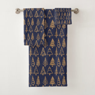 Christmas Tree Gold Holiday Pattern Chic Navy Blue Bath Towel Set