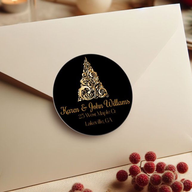 Christmas Tree Gold Return Address Classic Round Sticker (Creator Uploaded)
