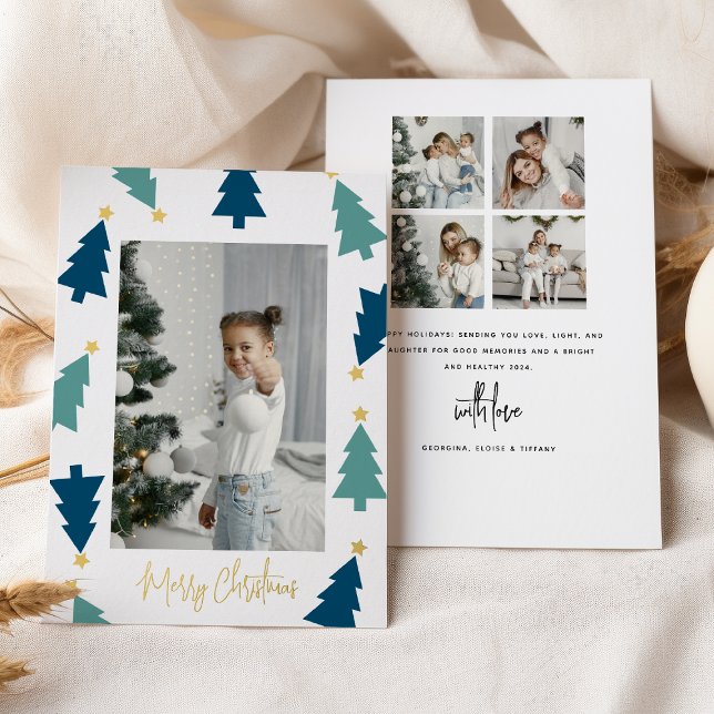 Christmas Tree Gold Star 5 Photo Double Sided Foil Holiday Card (Creator Uploaded)