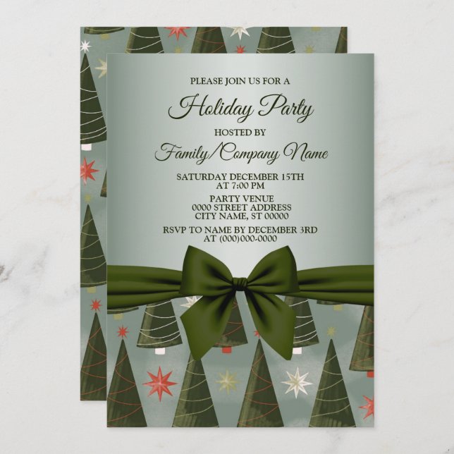 Christmas Tree Green Bow Holidays Invitation (Front/Back)