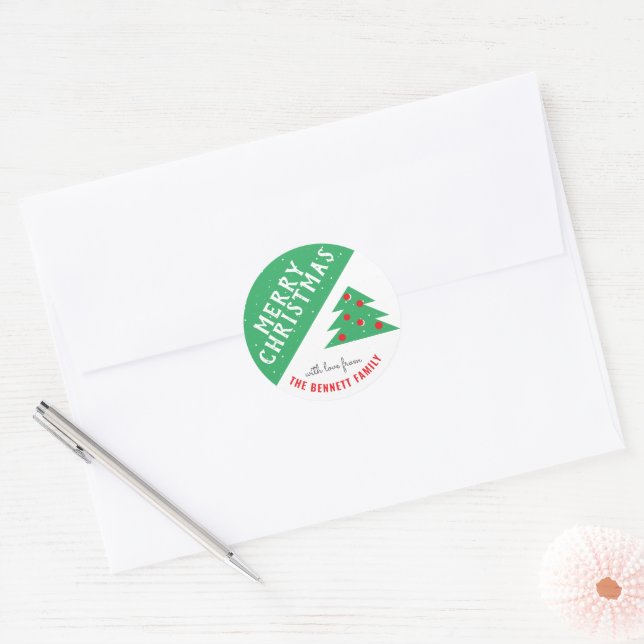 Christmas Tree Green Family Name Christmas Holiday Classic Round Sticker (Envelope)