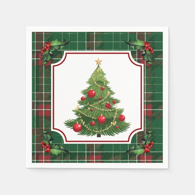 Christmas Tree Green Plaid with Holly Napkin (Front)