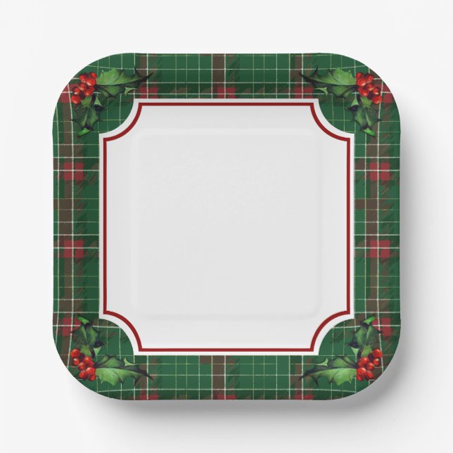 Christmas Tree Green Plaid with Holly Paper Plate (Front)
