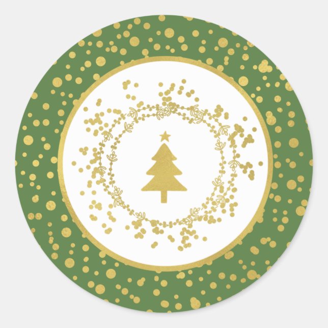 Christmas Tree Green & White Holiday Classic Round Sticker (Front)