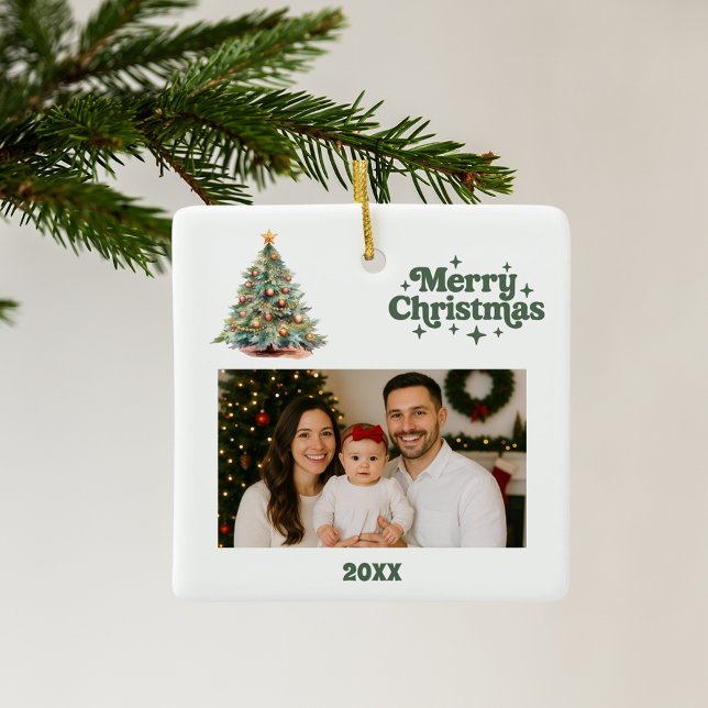 Christmas tree green white photo ceramic ornament (Creator Uploaded)