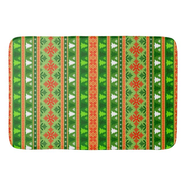 CHRISTMAS TREE GREEN WHITE RED ORNAMENTS  BATH MAT (Front)
