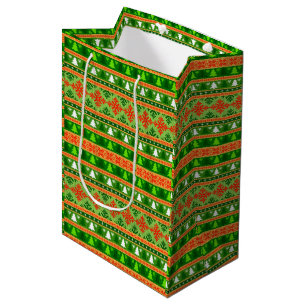 CHRISTMAS TREE GREEN WHITE RED ORNAMENTS  MEDIUM GIFT BAG