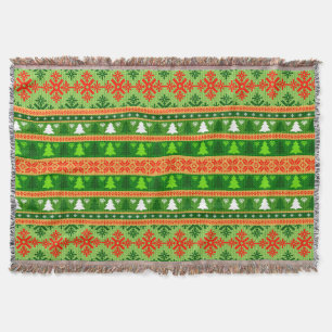 CHRISTMAS TREE GREEN WHITE RED ORNAMENTS  THROW BLANKET