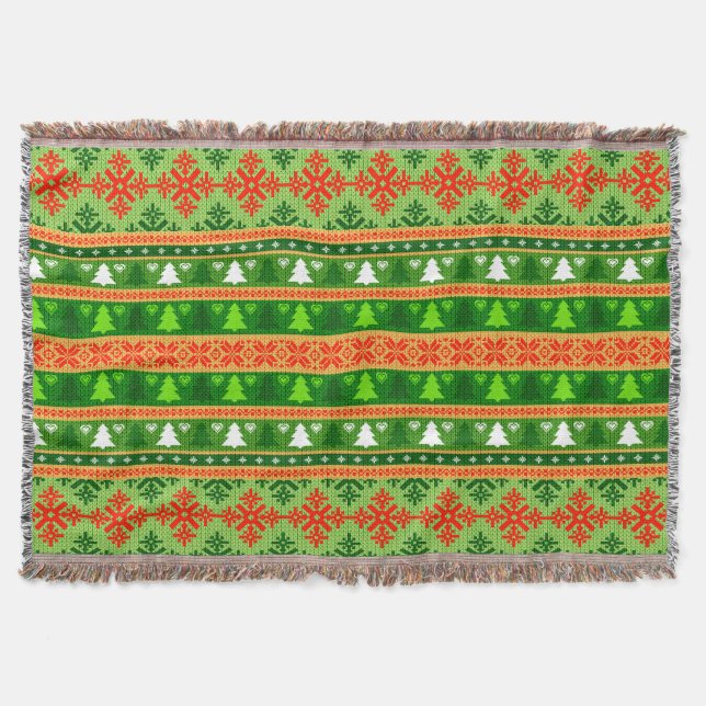 CHRISTMAS TREE GREEN WHITE RED ORNAMENTS  THROW BLANKET (Front)