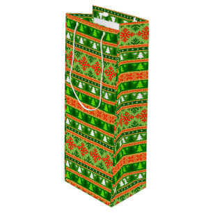 CHRISTMAS TREE GREEN WHITE RED ORNAMENTS WINE GIFT BAG