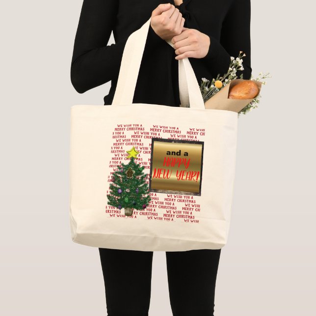 Christmas Tree Happy New Year Large Tote Bag (Front (Product))