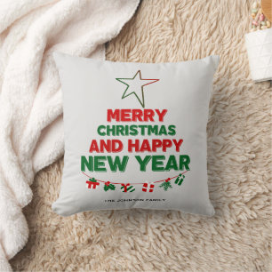 Christmas tree, Happy New Year, words, star, gift Cushion