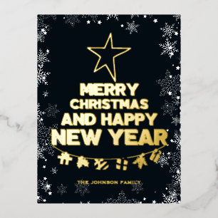Christmas tree, Happy New Year, words, star, gift Foil Holiday Postcard