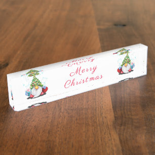Christmas Tree Hat Gnome with Gift Desk Plate