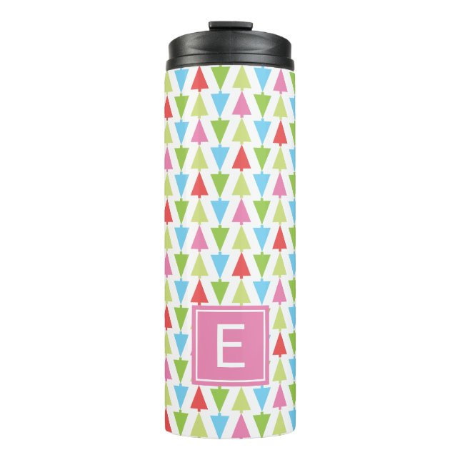 Christmas Tree Holiday Pattern Pink Monogram Thermal Tumbler (Front)