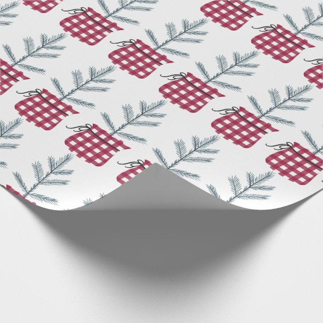 Christmas Tree Holiday Red Buffalo Check Plaid Wrapping Paper (Corner)