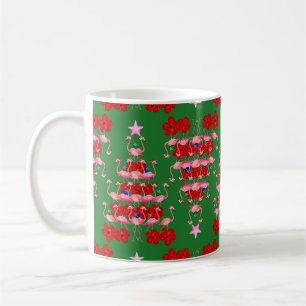 Christmas Tree Holiday Santa Flamingos on Green Coffee Mug