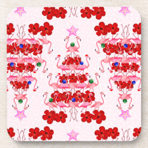 Christmas Tree Holiday Santa Flamingos on Pink Coaster