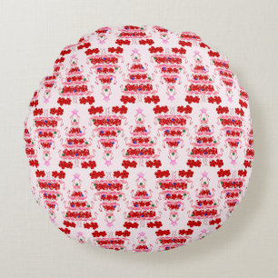 Christmas Tree Holiday Santa Flamingos on Pink Round Cushion