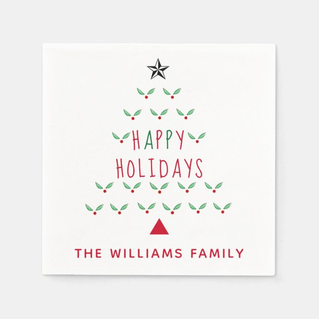 Christmas Tree Holly Happy Holidays Modern Napkin (Front)