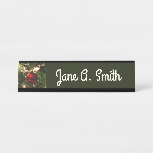 Christmas Tree I Holiday Pretty Green and Red Desk Name Plate (Front)